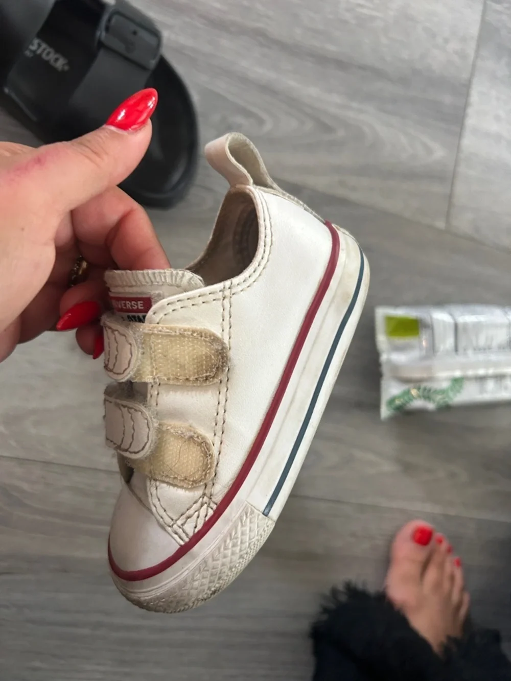 Converse Kids White Sneakers with Red Trim Velcro